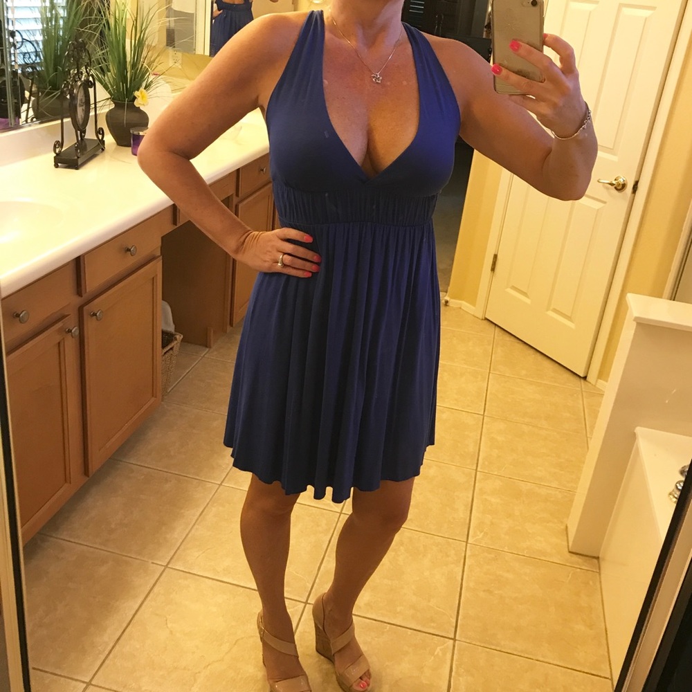 🌺Royal Blue dress deep V front-cross strap back.